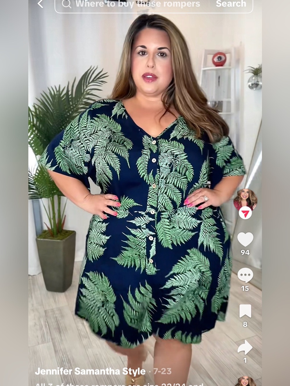 Plus Navy and Green Tropical Leaf Romper
